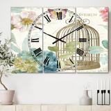 Designart 'Vintage Floral Birdcage II' Cottage 3 Panels Oversized Wall CLock - 36 in. wide x 28 in. high - 3 panels