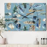 Designart 'Indigold Feathers Turquoise Pattern' Cottage 3 Panels Oversized Wall CLock - 36 in. wide x 28 in. high - 3 panels