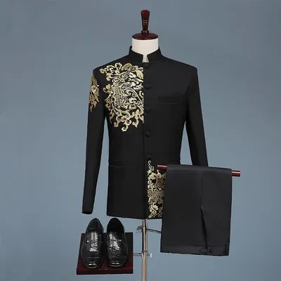 Costumes de style chinois pour hommes noir et blanc broderie dorée tenue de scène de bal