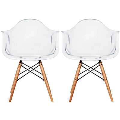 Set of 2 Clear Modern Designer Acrylic Plastic Chair With Arms Dining Natural Wood Office Home