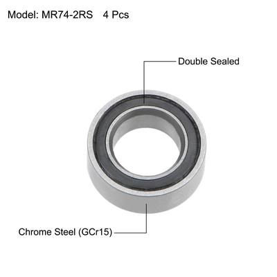 MR74-2RS Ball Bearings Z2 4x7x2.5mm Double Sealed Chrome Steel 4pcs - 4mmx7mmx2.5mm