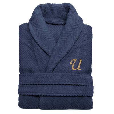 Authentic Hotel and Spa Midnight Blue with Gold Monogrammed Herringbone Weave Turkish Cotton Unisex Bath Robe