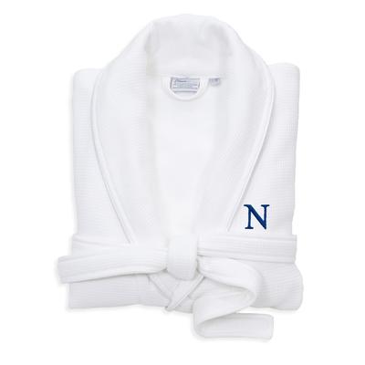 Authentic Hotel and Spa White Unisex Turkish Cotton Waffle Weave Terry Bath Robe with Navy Block Monogram