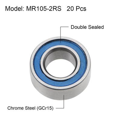 MR105-2RS Ball Bearings Z2 5x10x4mm Double Sealed Chrome Steel Blue Seal 20pcs - 5mmx10mmx4mm