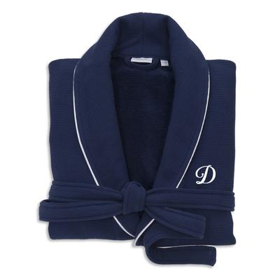 Authentic Hotel and Spa Navy Blue Unisex Turkish Cotton Waffle Weave Terry Bath Robe with White Script Monogram