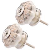 Ceramic Knob Hand Painted Drawer Pull Handle Wardrobe Accessory 2pcs - White,Brown