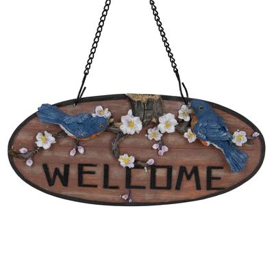 12" Hanging Welcome Sign with Bluebirds and Flowers