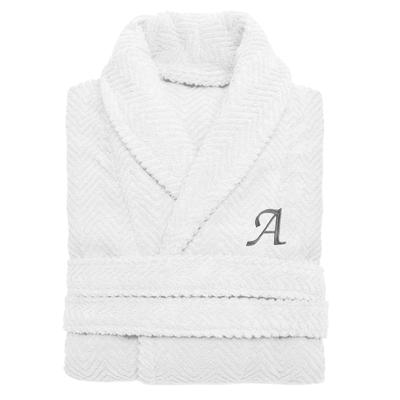 Authentic Hotel and Spa White with Grey Monogrammed Herringbone Weave Turkish Cotton Unisex Bath Robe