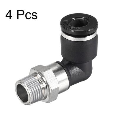 Push to Connect Tube Fitting Male Elbow 6mm Tube OD x 1/8 NPT Push Fit Lock 4pcs - Black,Silver Tone