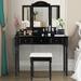 Makeup Dressing Table with Tri-Folding Mirror and Cushioned Stool for Women - 41.5" x 18" x 60.5" (L x W x H)