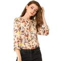 Allegra K Women's Floral Print Tie Neck Vintage Peasant Blouse 3/4 Sleeve Tops - Beige - Medium