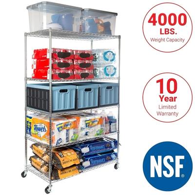 Seville Classics 48 in W x 24 in D x 72 in H, UltraDurable Commercial-Grade 5-Tier Steel Wire Shelving with Wheels