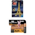 Ravensburger 12579 3D Puzzle Eiffelturm bei Nacht mit 216 Teilen, für Kinder und Erwachsene, Wahrzeichen von Paris im Miniatur-Format + Duracell Plus AAA Alkaline-Batterien, 12er Pack