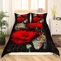 Leopard Duvet Cover Set Double Size 3D Animal Print Bedding Set Wildlife Comforter Cover Gorgeous Red Poppy Floral Bedspread Cover With 2 Pillow Shams Microfiber Bedspreads Cover Breathable