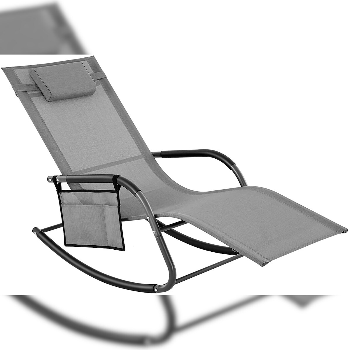 UAC Gartenliege Sonnenliege Relaxliege Schaukelstuhl mit Kopfstütze und Seitentasche, aus Eisengestell, bis 150 kg belastbar, grau Image