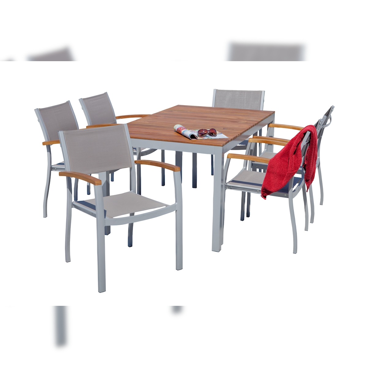 Merxx Naxos Set 7tlg., 6 Stapelsessel, 1 Tisch 150x90 cm, Aluminium/Textil/Akazie, Grau Image