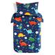 JISEN Toddler Duvet Set 100% Cotton Kids Bedding Set Junior Cot Bed Duvet Cover with Pillowcase Set 120x150cm + 40x60cm Blue Dinosaur