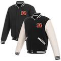 Men's JH Design Black/White Cincinnati Bengals 19 Mens Reversible Fleece Jacket W/ Faux Leather Sleeves