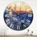 Designart 'Blue Tram At Sunset With Church During Sunset' Nautical & Coastal wall clock