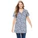 Plus Size Women's Perfect Printed Short-Sleeve Shirred V-Neck Tunic by Woman Within in Heather Grey Pretty Floral (Size 1X)