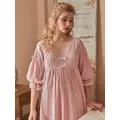 Chemise de nuit longue en coton vintage pour femmes manches mi-longues col en V robe de nuit