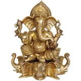 Exotic India Lord Ganesha Seated On Three Elephant Head Metal in Yellow | 16.5 H x 13 W x 10 D in | Wayfair ZAZ95