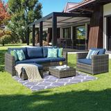 Red Barrel Studio® Cracraft 6 Piece Rattan Sofa Seating Group w/ Cushions Synthetic Wicker/All - Weather Wicker/Wicker/Rattan in Blue | Outdoor Furniture | Wayfair