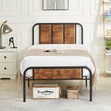 Trent Austin Design® Kempst Bed Frame w/ Rustic Vintage Wood Headboard Platform Bed No Box Spring Needed Metal in Brown | Wayfair