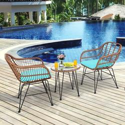 Corrigan Studio® Brookley 3pcs Patio Rattan Bistro Set Coffee Table Armchair Garden Red Cushion Wicker/Rattan in Black/Brown | Wayfair