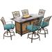 Traditions 7-Piece High-Dining Set in Blue with 30,000 BTU Fire Pit Table