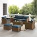 Bradenton 7Pc Outdoor Wicker Sofa Set Navy/Weathered Brown - Sofa, Coffee Table, Side Table, 2 Armchairs & 2 Ottomans - Crosley KO70185WB-NV