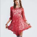 Free People Dresses | Free People Red Lace Leaf Print Dress (Size 0) | Color: Red | Size: 0