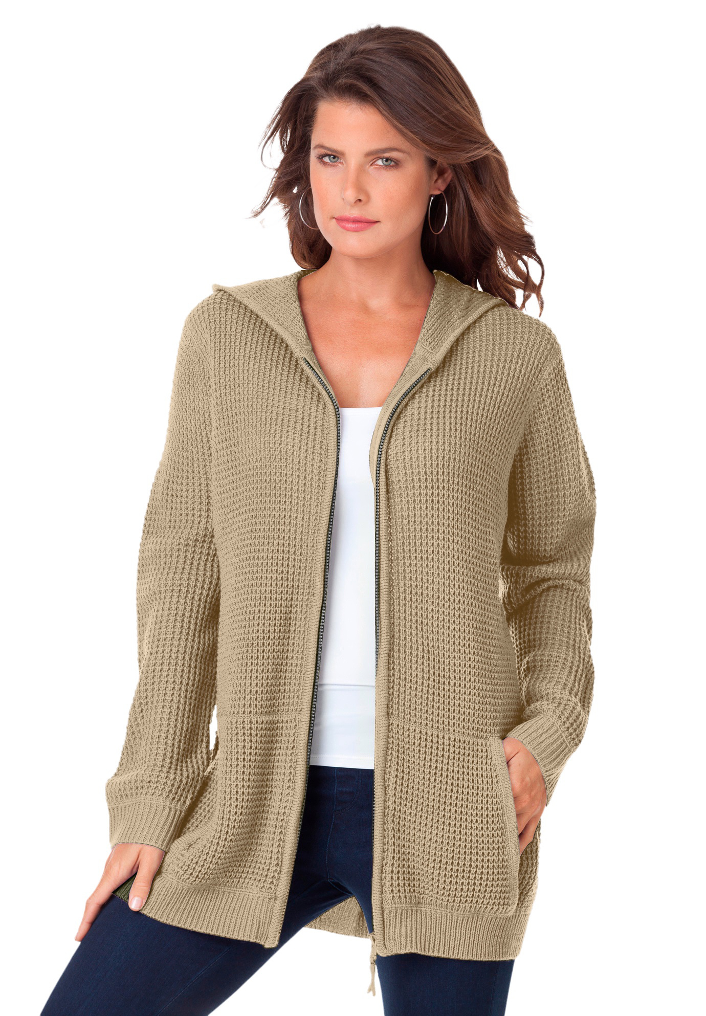 Plus Size Women's Plus Size Waffle Knit Zip Hoodie by Roaman's in Sandy Beige (Size 1X) Zip Up Sweater