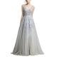 IBTOM CASTLE Women's Lace Applique Dress Deep V Neck Padded Party Prom Ball Gown Gray US 20 / UK 24