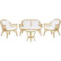 Lounge Set Natürlich 4er Sitzer Rattan Sicherheitsglas Auflagen Weiß für Terrase für Garten - Beige