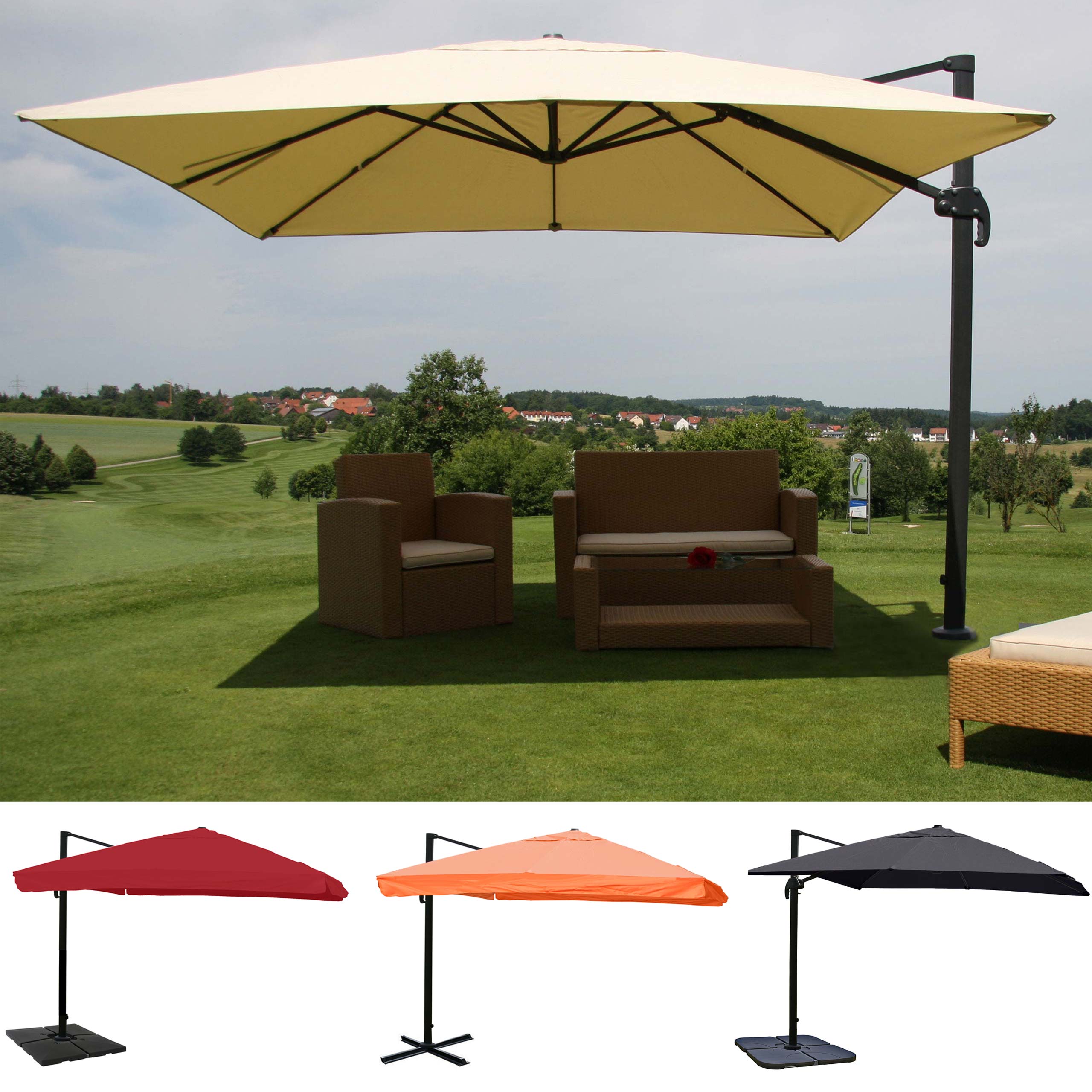 Gastronomie-Ampelschirm HWC-A96, 3,5x3,5m (Ø4,95m) Polyester/Alu 25kg ~ türkis ohne Ständer, drehbar Image