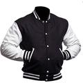 Mens Varsity College Jacket - Black & White Bomber Baseball Jacket - American Style Letterman Wool + Faux Leather Jacket For Men