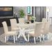 East West Furniture 7 Piece Kitchen Table Set- a Rectangle Dining Table with X-Legs and 6 Cream Linen Fabric Chairs, Off-White