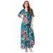 Plus Size Women's Flutter-Sleeve Crinkle Dress by Roaman's in Teal Watercolor Bouquet (Size 30/32)