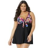 Plus Size Women's Tie Front V-Neck Swimdress by Swimsuits For All in Sparkler Leaf Print (Size 12)