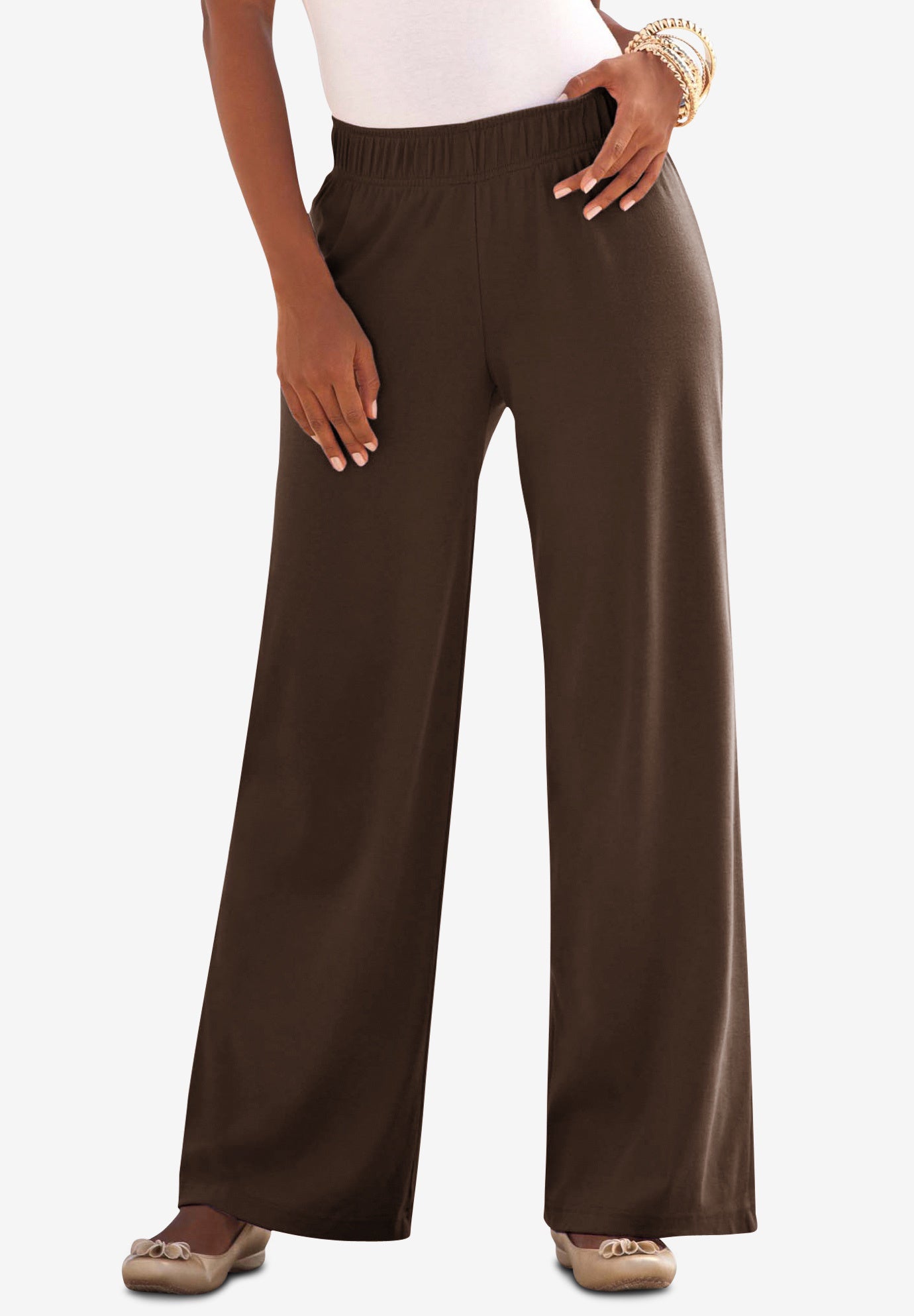 Plus Size Women's Plus Size Pull-On Wide Leg Soft Knit Pant by Roaman's in Chocolate (Size 3X) Pull On Elastic Waist
