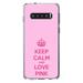 DistinctInk Clear Shockproof Hybrid Case for Samsung Galaxy S10 (6.1 Screen) - TPU Bumper Acrylic Back Tempered Glass Screen Protector - Keep Calm and Love Pink
