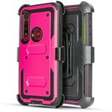 for Moto G8 Plus/ Moto G8 Play Holster Phone Case Dual Layer Full-Body Rugged Clear Back Case Drop Resistant Shockproof Case with Built In Screen Protector (Pink)