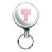 Letter T Initial Baby Girl Block Font Pink Shower Retractable Belt Clip Badge Key Holder