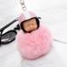 Cute Sleeping Baby Doll Helmet Pompom Keychain Fake Fur Fluffy Ball Bag Key Rings Car Motorcycle Key Pendant Jewelry Accessories Gifts Color Pink