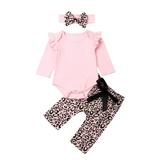 Cathery Hot Newborn Baby Girls Pink Tops Leopard Printing Pants Outfits Headband Sets