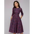 Robe trapèze plissée à manches longues pour femmes tunique vintage robe imprimée élégante dames