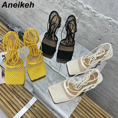 Aneikeh-Sandales carrées en maille pour femmes chaussures ouvertes de fête gladiateur croisé