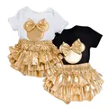 Mode bébé filles vêtements à manches courtes hauts noeud papillon barboteuse + shorts robe + bandeau