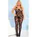 Women's Plus-Size Rose Lace Crotchless Bodystocking with Front Straps and Satin, Black, One Size